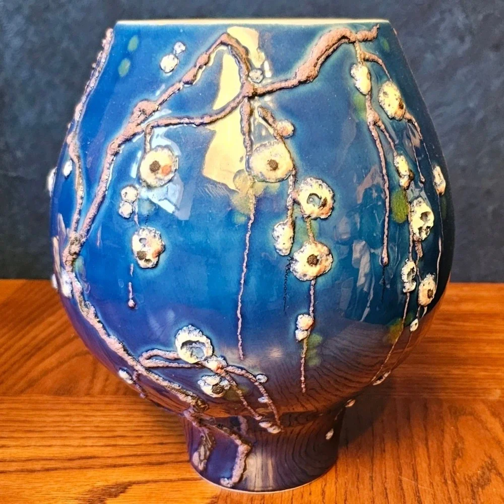 Vintage Italian Art Pottery Vase Cobalt Blue Textured Floral 184/1127 Italy 9in